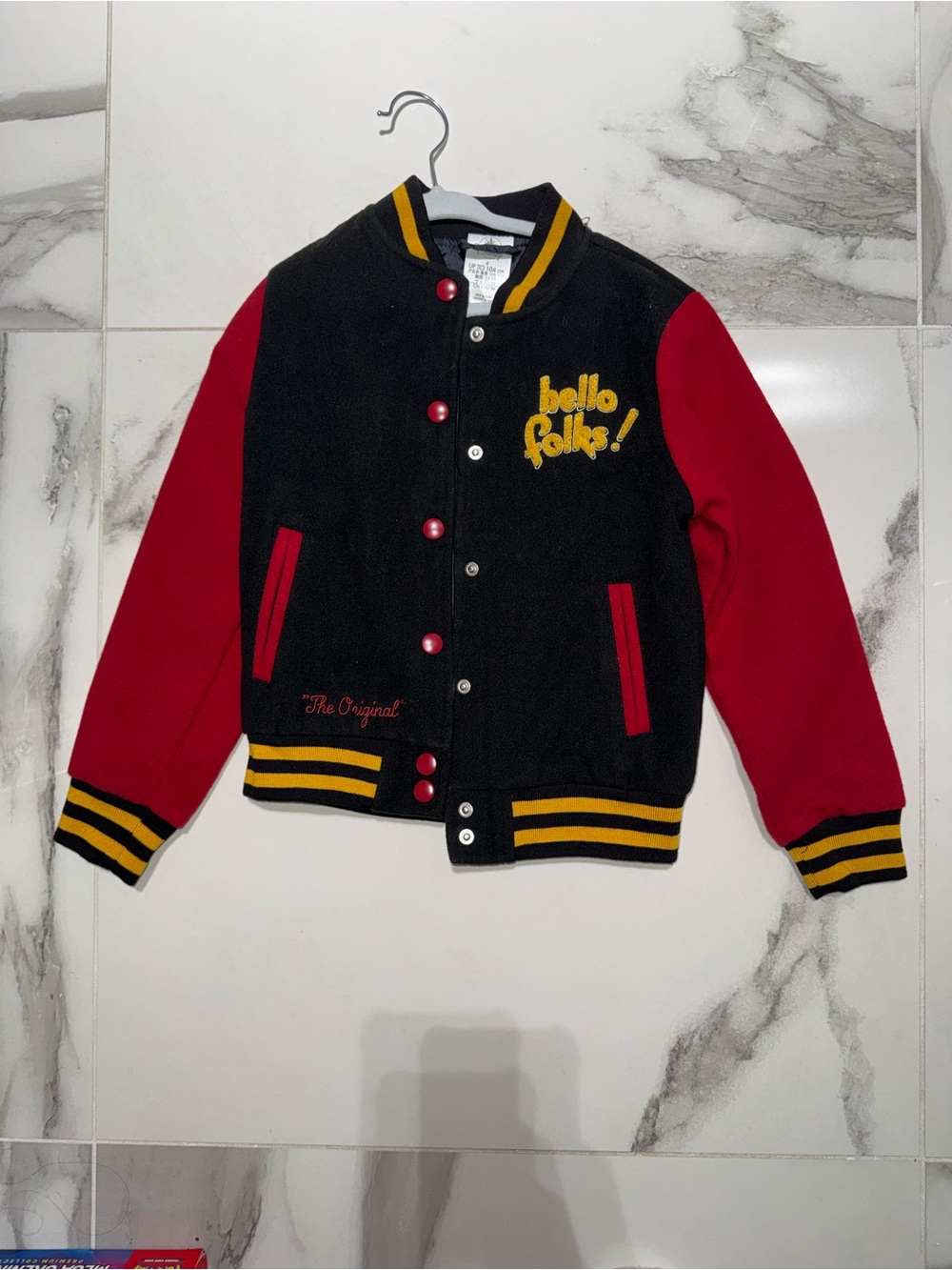 Disney Black & Red Mickey Kids Varsity Jacket with Yellow Trim